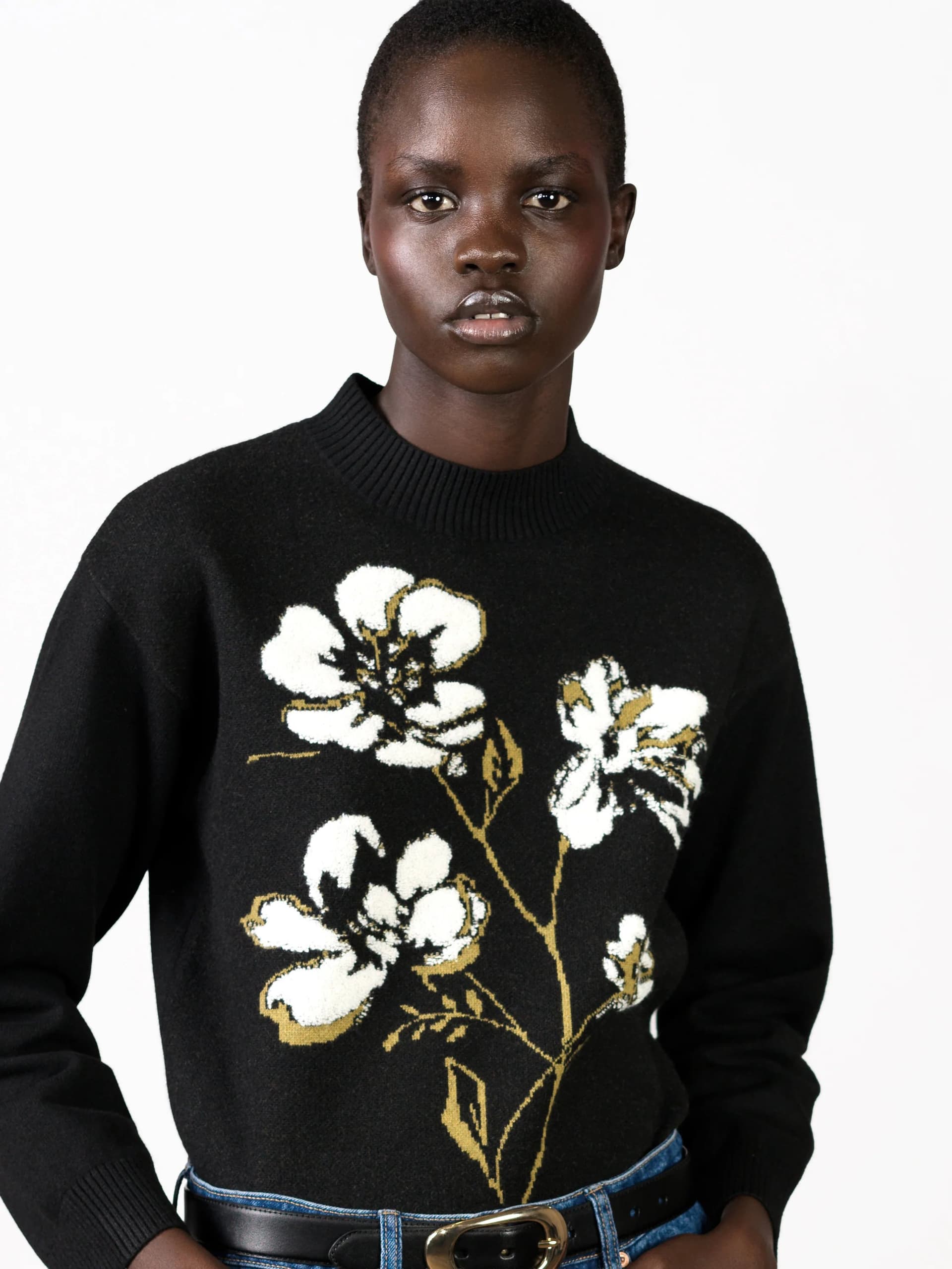 French Connection Oriana Recycled Black Floral Jacquard Mock Neck Jumper Black/Khaki Green Multi