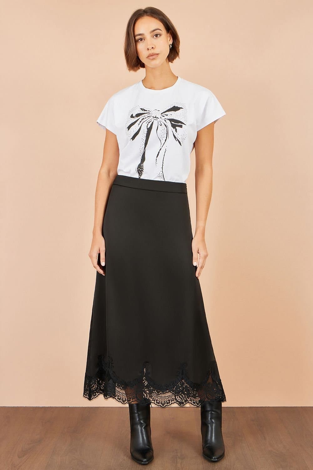 Yumi Yumi Women's Satin Midi Skirt With Lace Trims in Black