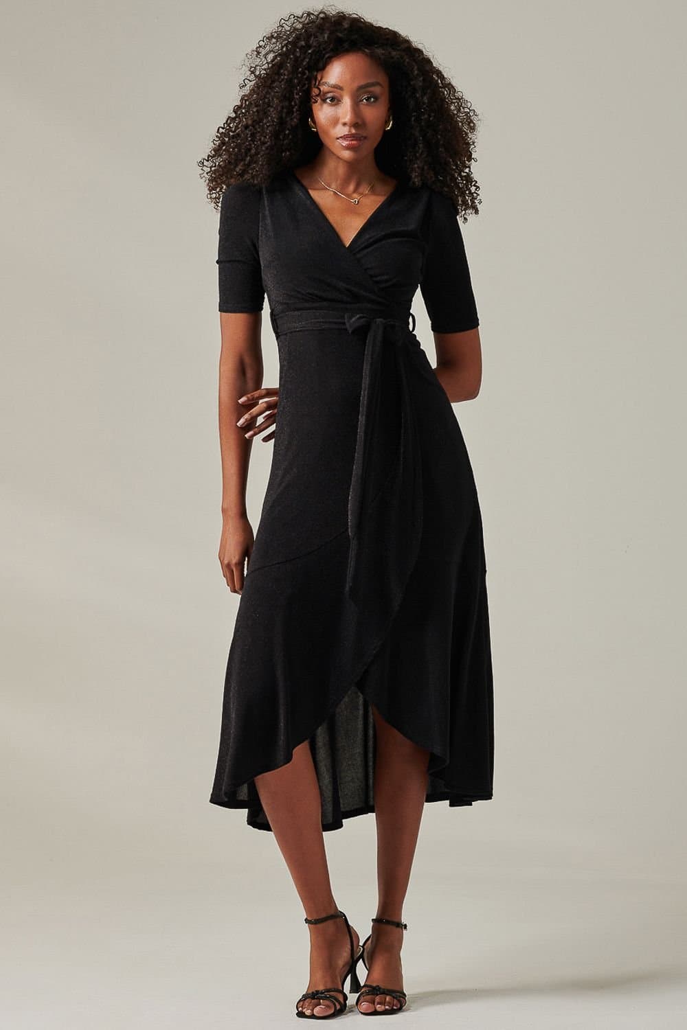 Jolie Moi Jolie Moi Women's Metallic Tie Waist Wrapped Maxi Dress in Black