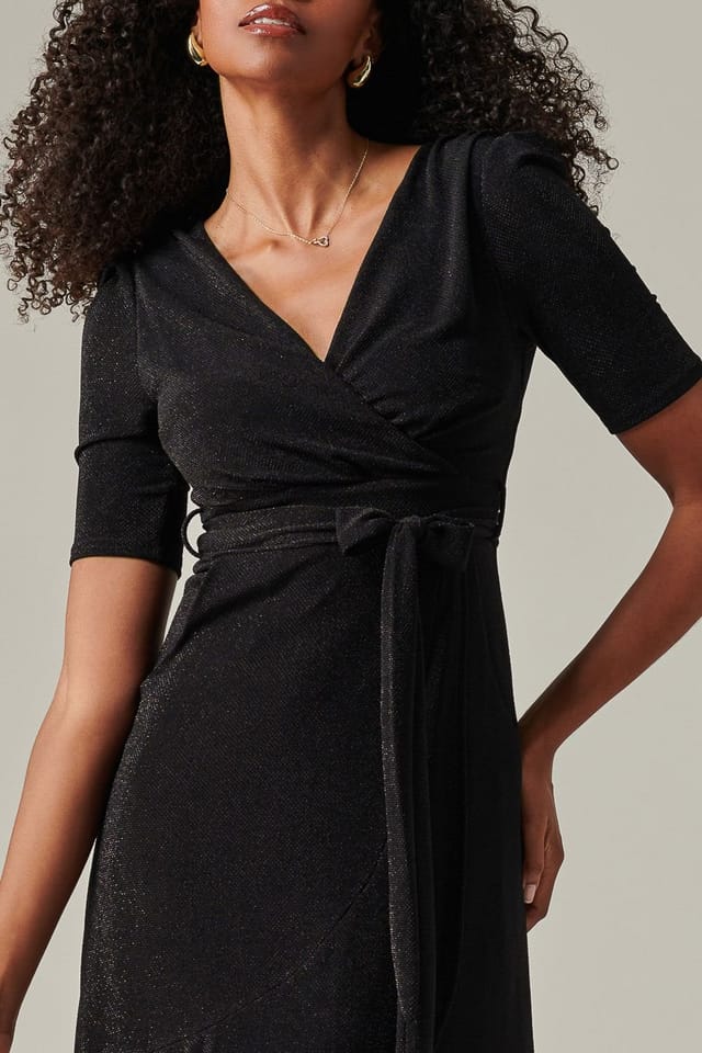 Jolie Moi Jolie Moi Women's Metallic Tie Waist Wrapped Maxi Dress in Black - 3