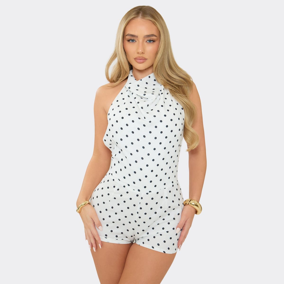 EGO High Cowl Neck Tie Back Playsuit In White Polka Dot, Women's Size UK 6 - 1