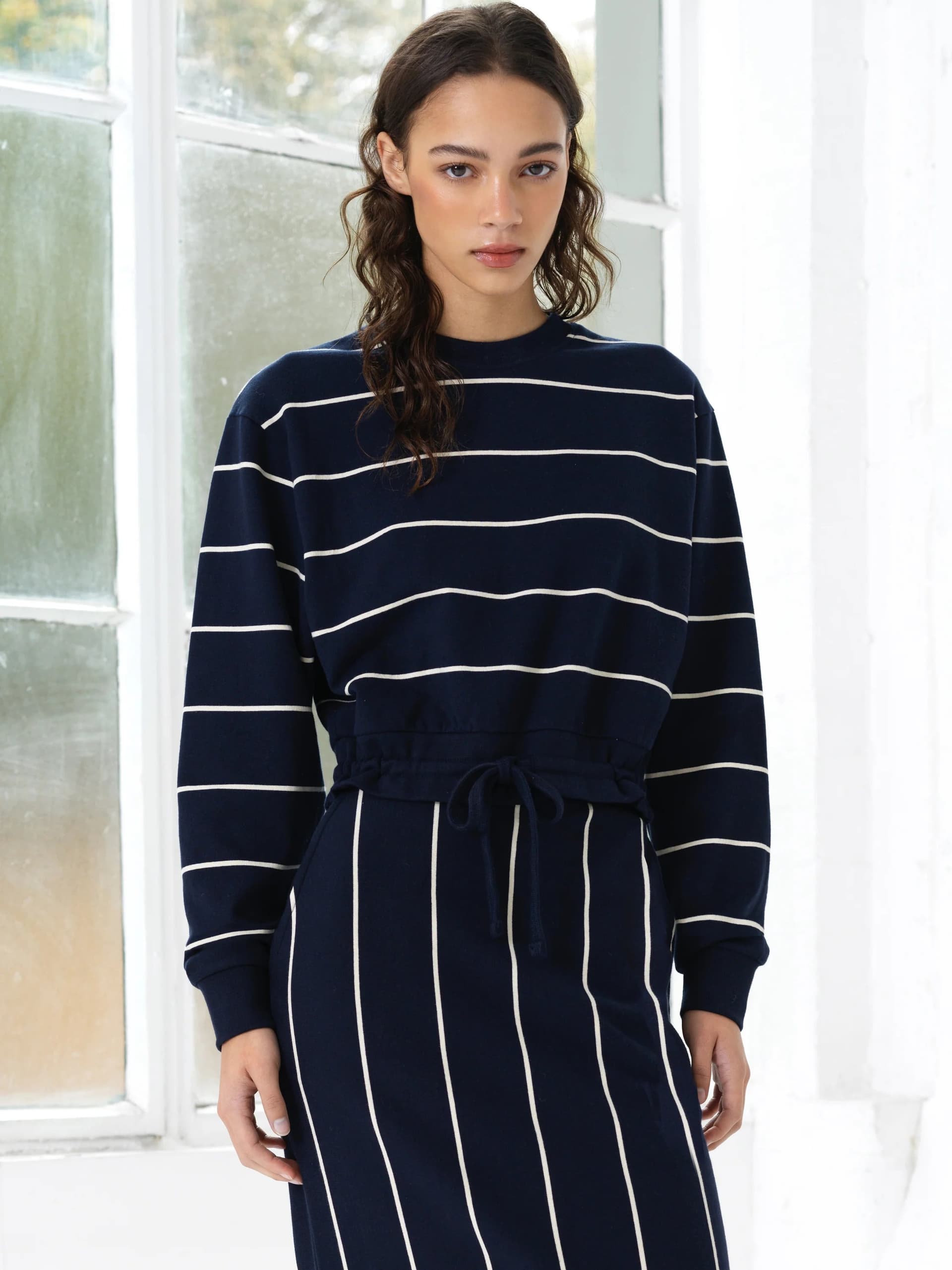 French Connection Sunday Sweat Striped Drawstring Cropped Jumper New Navy/Porcelain Cream
