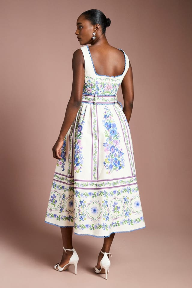 Coast Coast Women's Belted Floral Placement Print Full Skirted Cotton Midi Dress in Ivory - 3