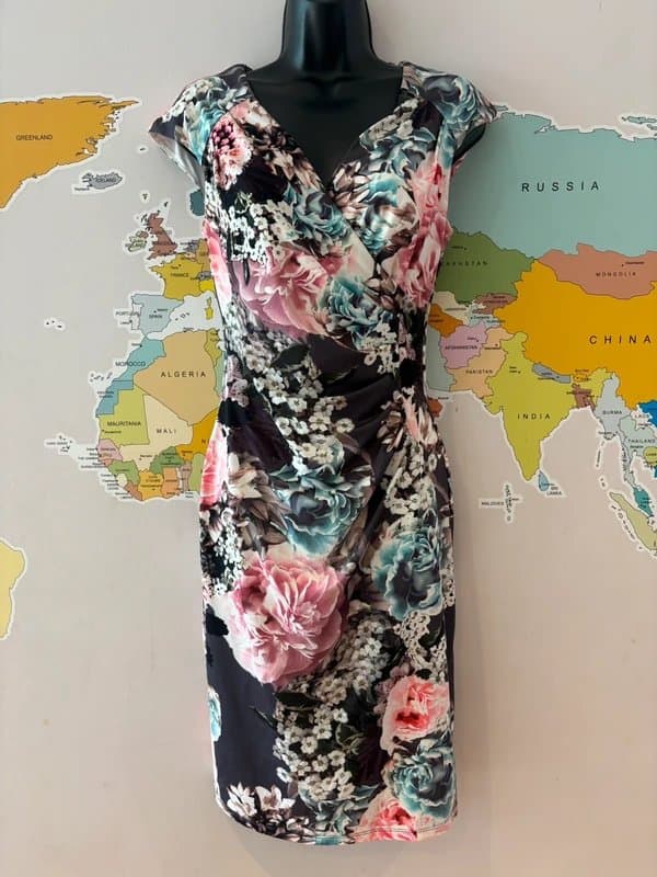 Phase Eight Phase Eight Floral Ruched Pencil Dress UK 10 Navy Pink Rose Print Wedding Guest Occasion
