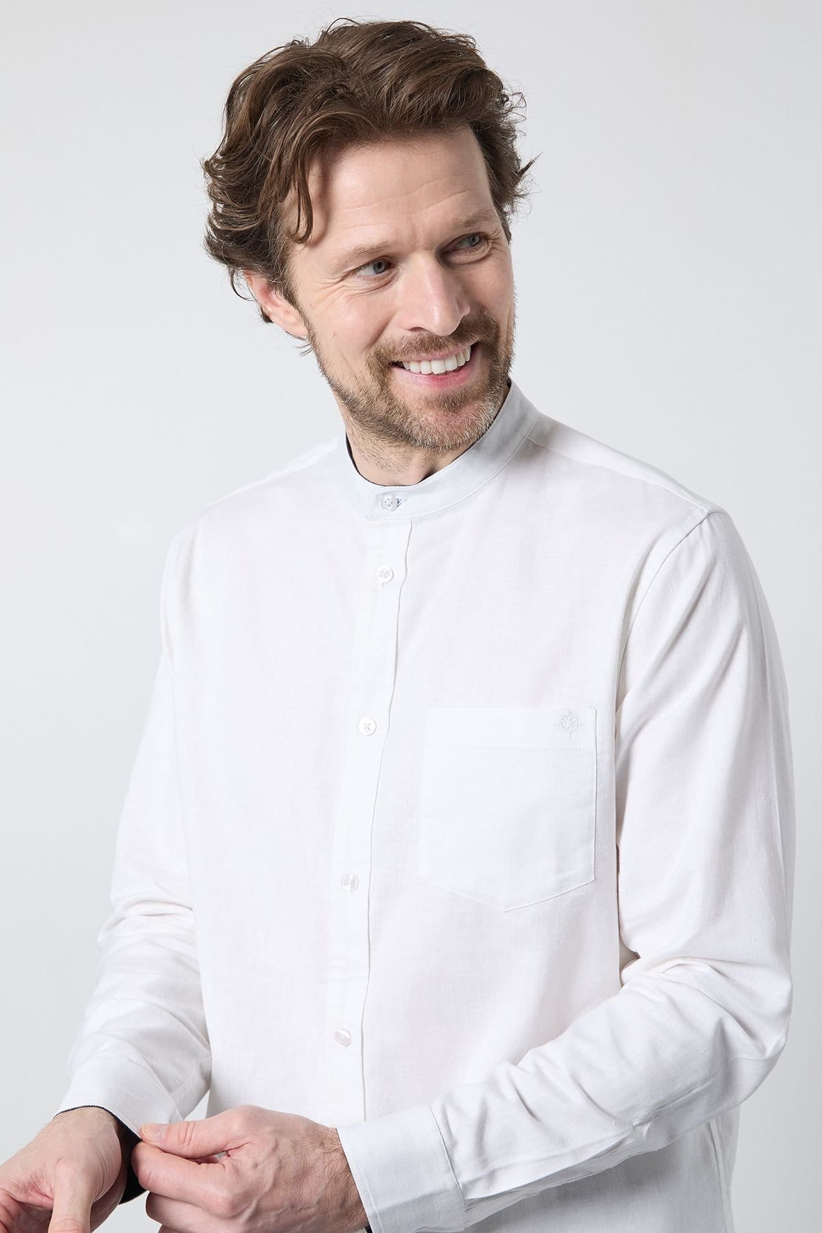 Debenhams Debenhams Men's White Grandad Long Sleeve Linen Blend Shirt - 4