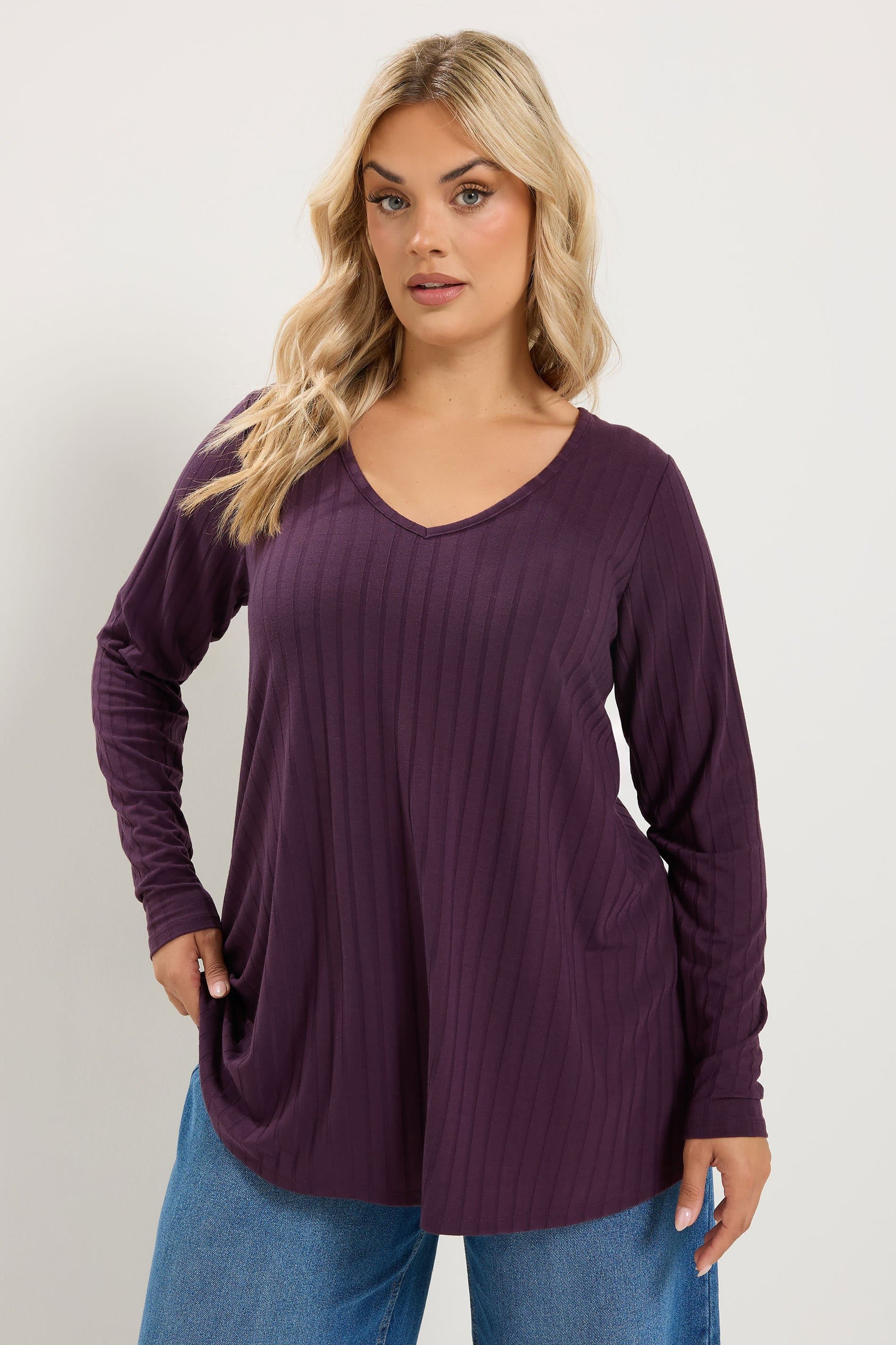 Yours Plus Size Purple Plunge Neck Ribbed Tshirt