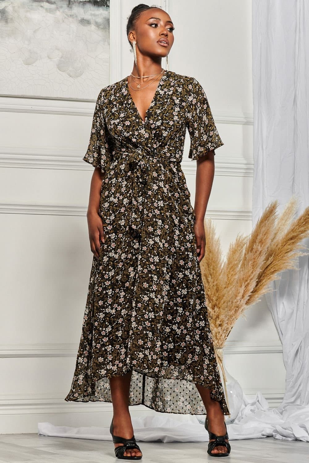 Jolie Moi Jolie Moi Women's Angel Sleeve Wrap Tie Front Maxi Dress in Navy