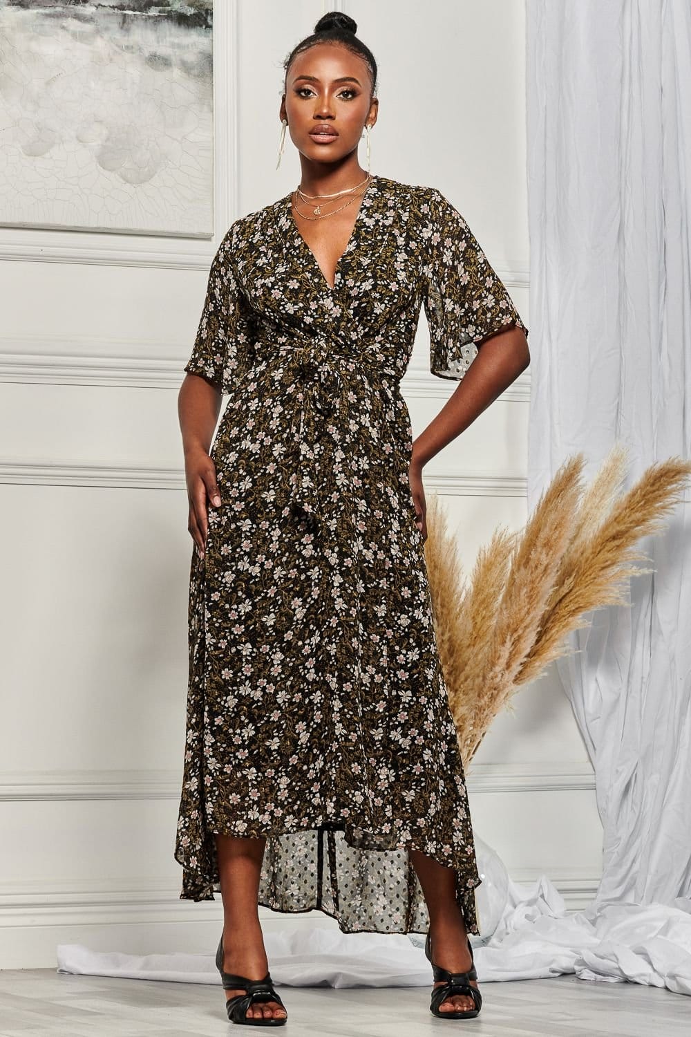 Jolie Moi Jolie Moi Women's Angel Sleeve Wrap Tie Front Maxi Dress in Navy - 4