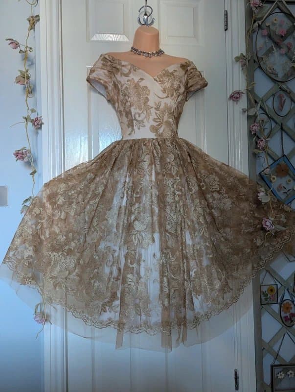 The Pretty Dress Company 💛 The Pretty Dress Company Fatale Baroque Gold Embroidery Lace Fit & Flare Bardot Dress 💛