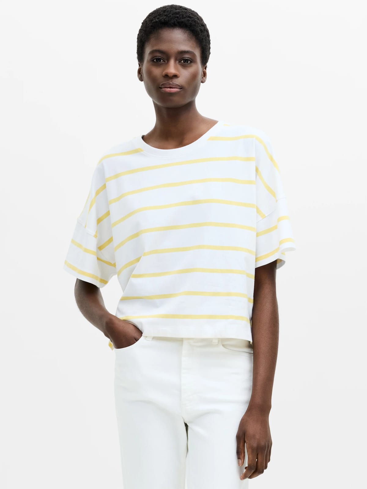 French Connection Striped Stepped Hem T-Shirt White/Butter Yellow - 1