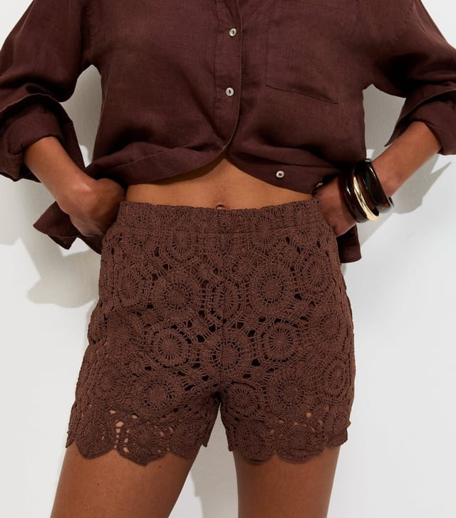 New Look Women's Dark Brown Crochet Knit Shorts New Look - 3