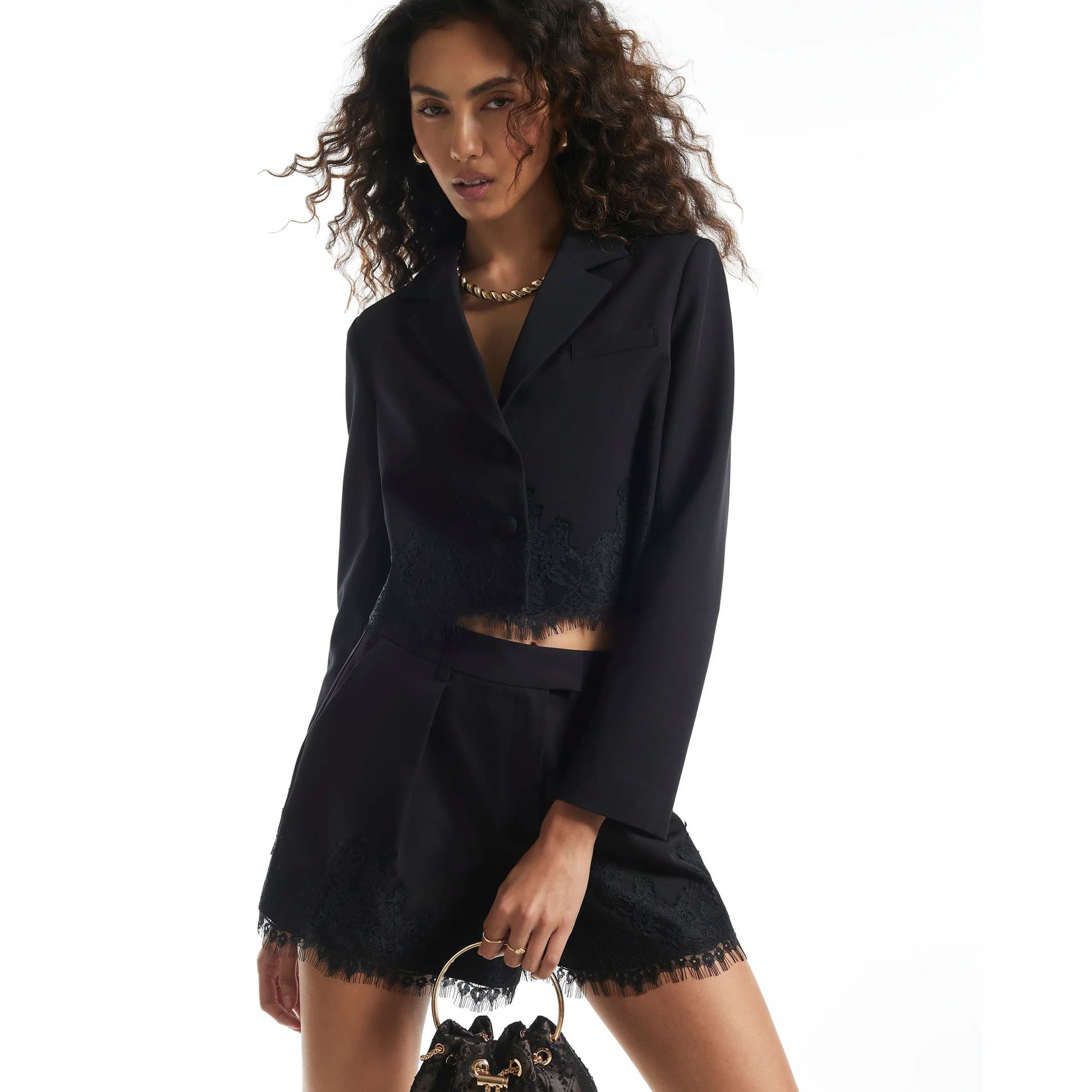 River Island River Island Womens Black Lace Trim Crop Blazer