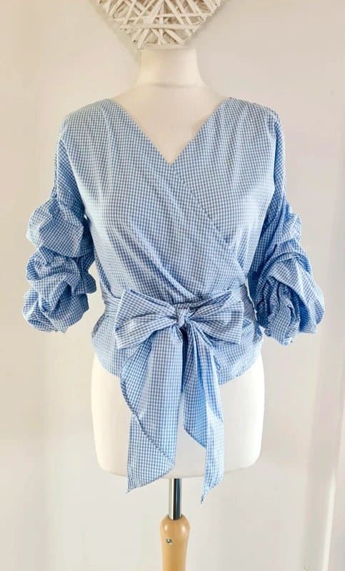 New Look Ladies Stunning New Look Blue White Gingham Check Ruched Sleeve Cotton Wrap Blouse Top Size 8