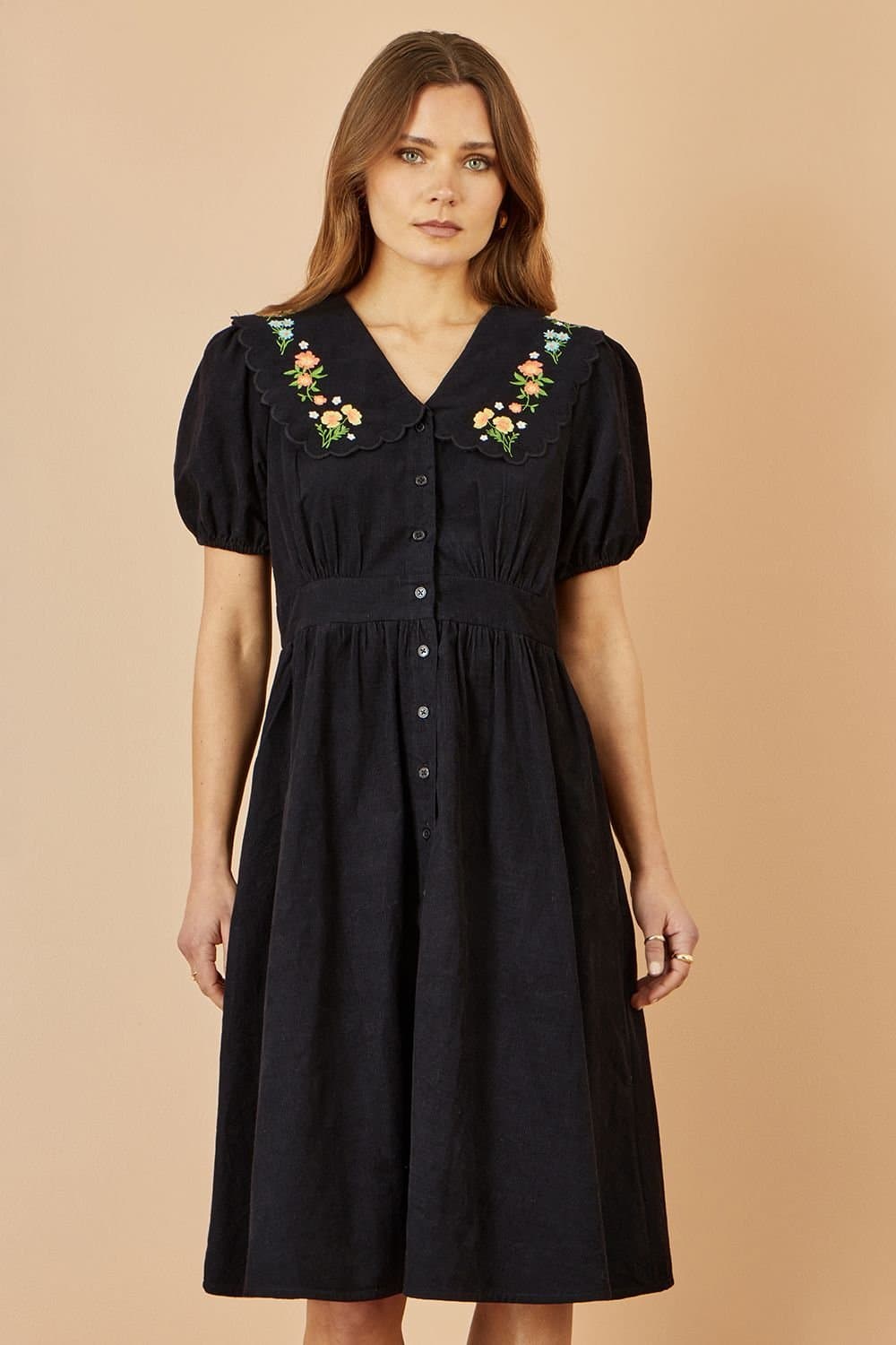 Yumi Yumi Women's Black Embroidered Collar Cord Tea Dress
