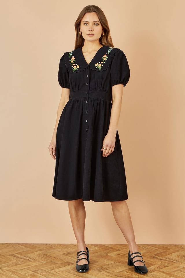 Yumi Yumi Women's Black Embroidered Collar Cord Tea Dress - 2