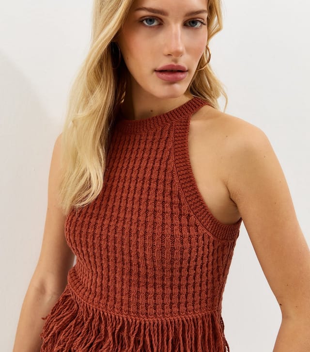 New Look Women's Dark Red Fringed Hem Cotton Rich Vest New Look - 2