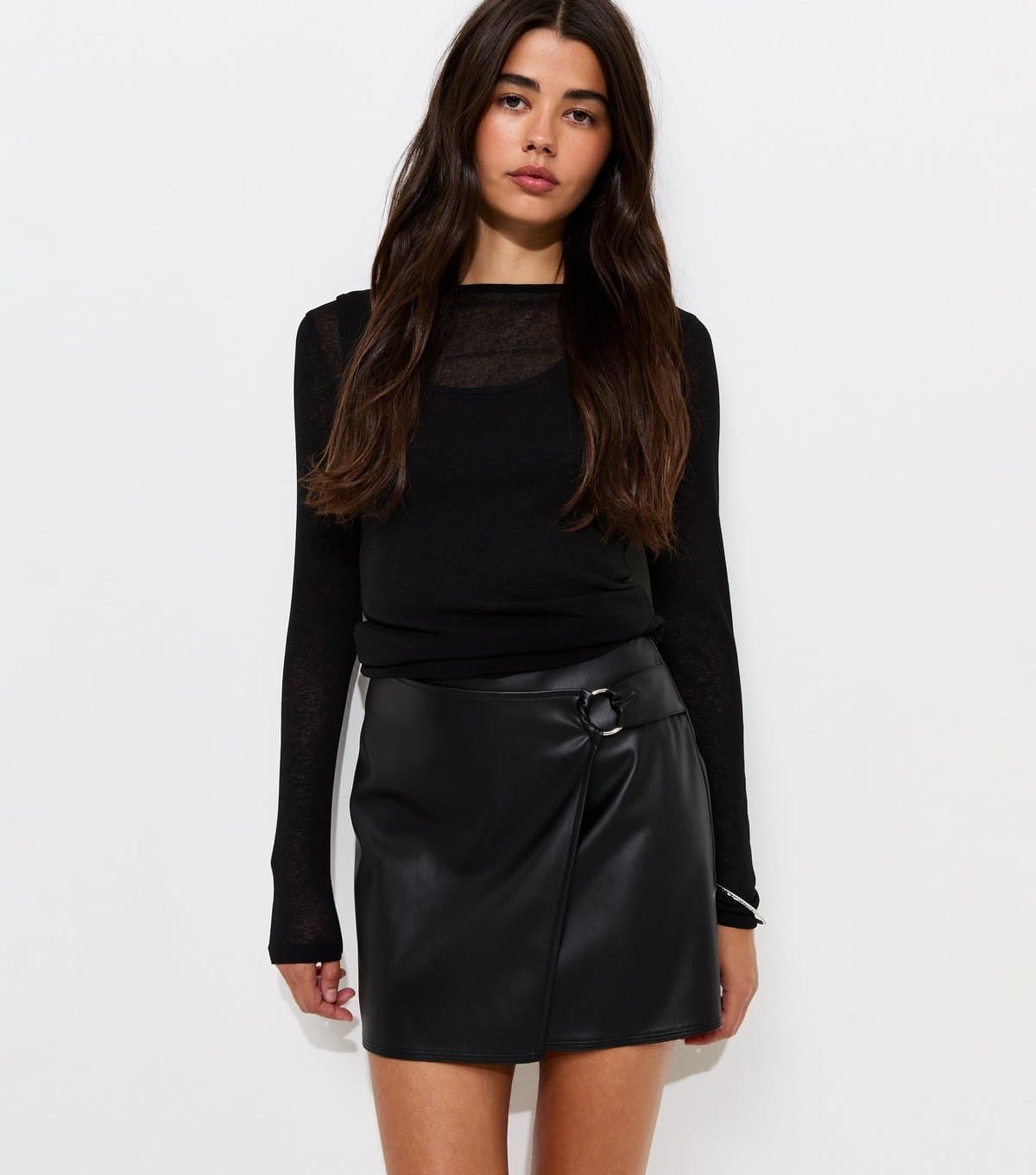 New Look Women's Black Faux Leather Hardware Detail Wrap Skort New Look