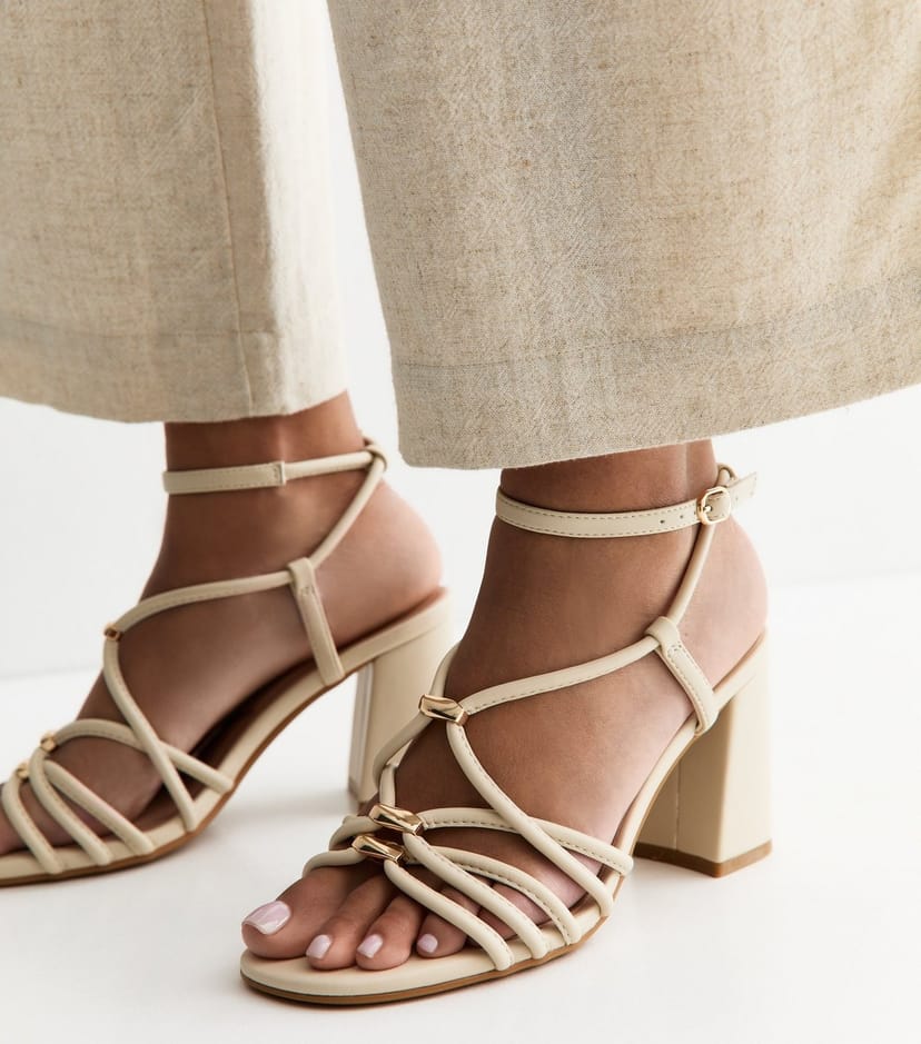 New Look Women's Off White Faux Leather Strappy Hardware Block Heel Sandals Vegan New Look - 1