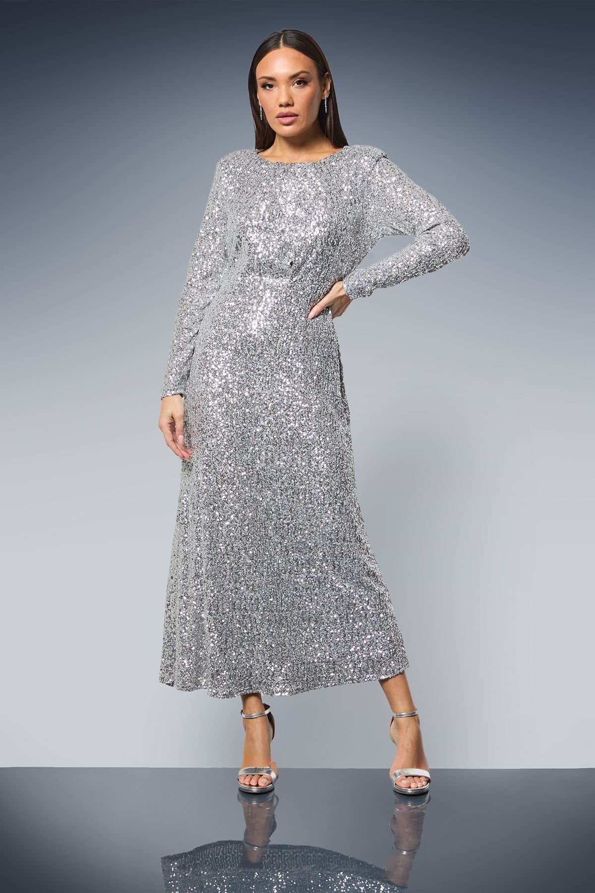Principles Principles Women's Sequin Gathered Bodice Midaxi Dress in Silver