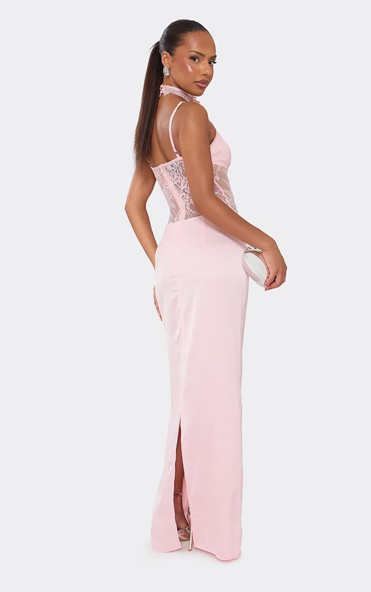 EGO Strappy Lace Detail Maxi Dress With Choker In Pink Satin, Women's Size UK 6