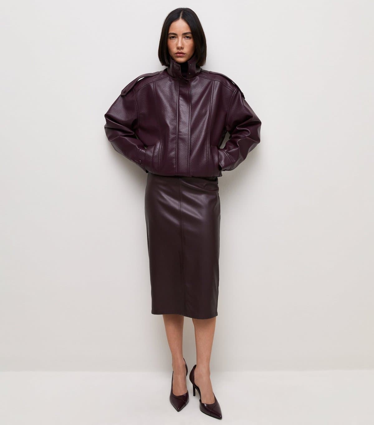 New Look Women's Dark Burgundy Faux Leather Pencil Midi Skirt New Look