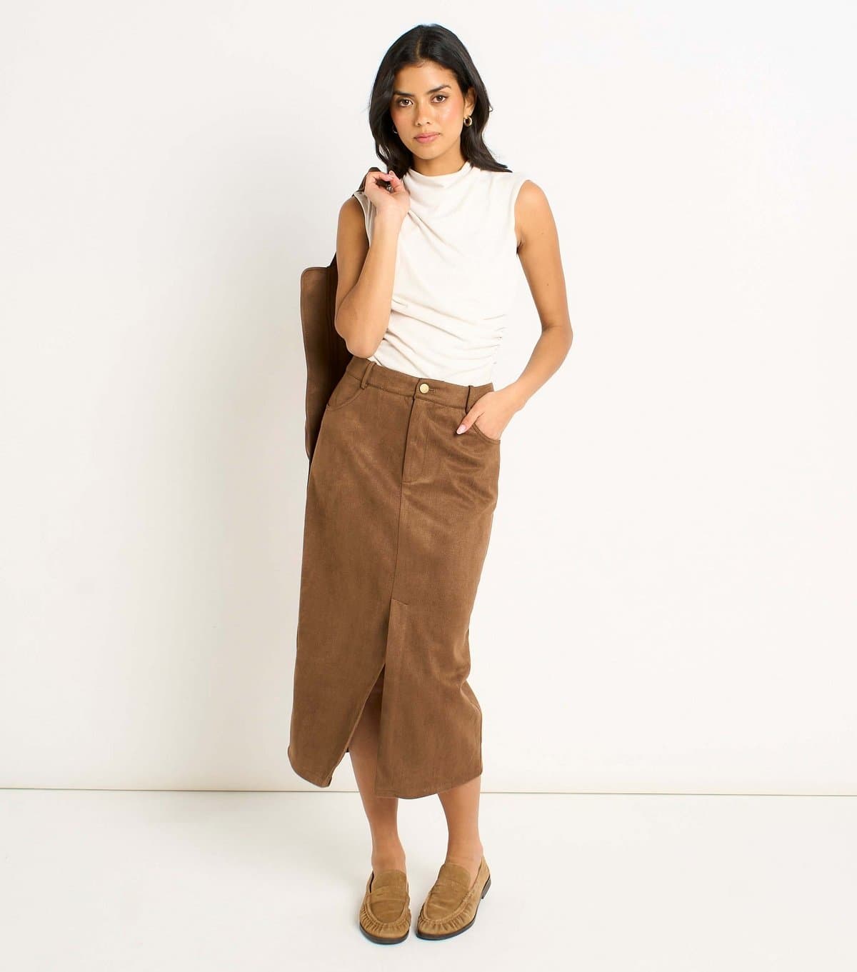 Gini London Women's Brown Faux Suede Pencil Skirt Gini London New Look