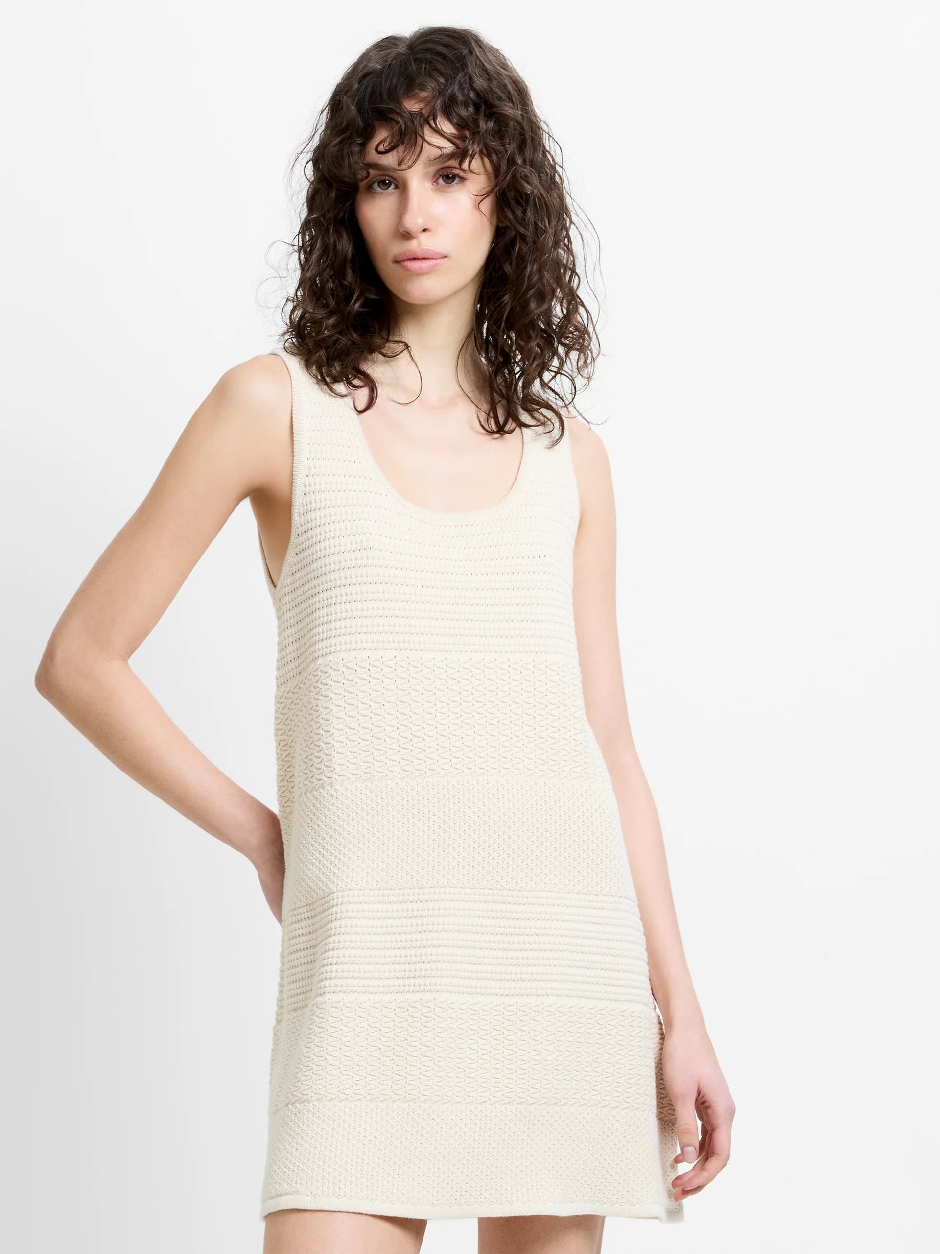 French Connection Mozart Mixed Knit Striped Cream Mini Dress Ecru