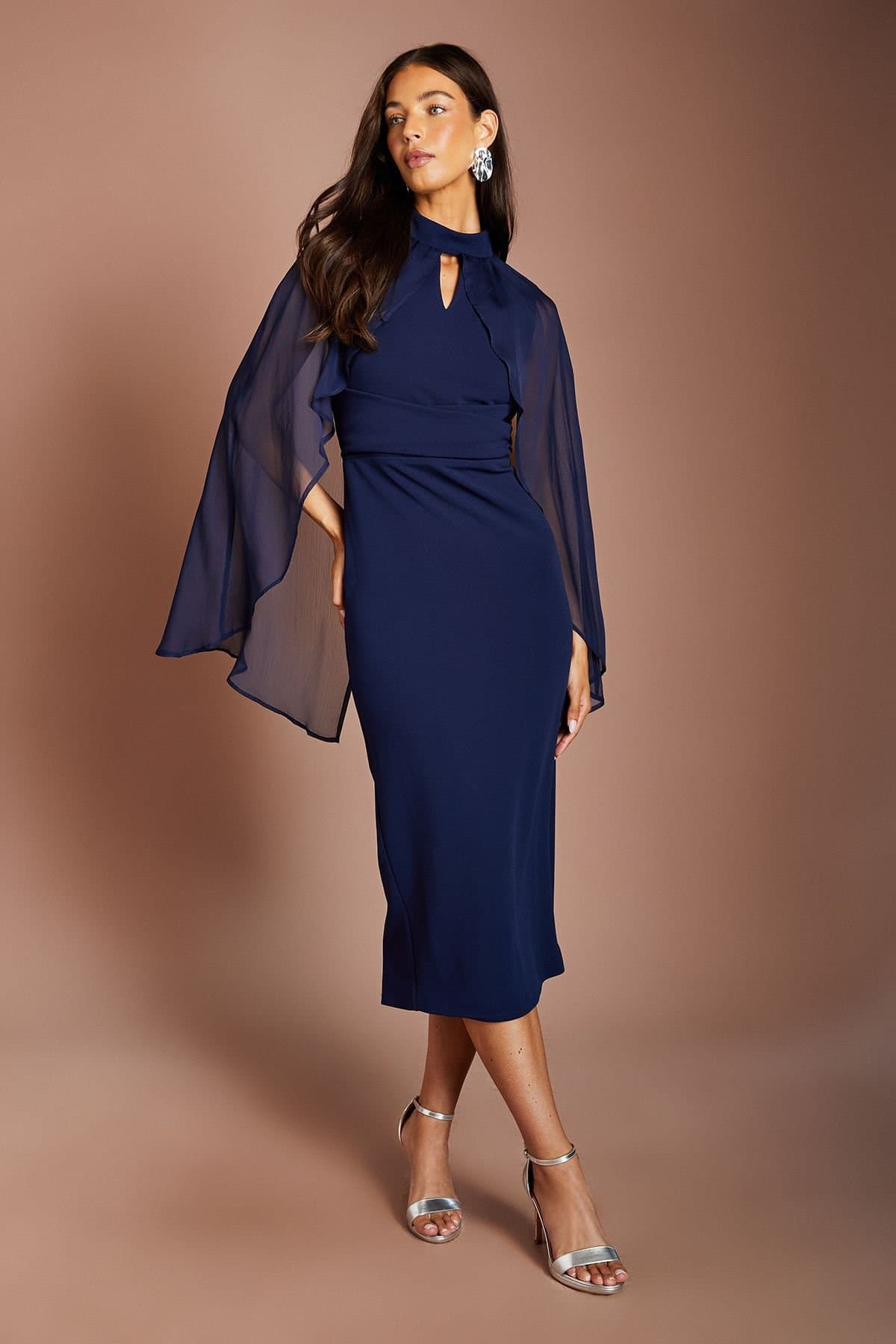 Coast Coast Women's Wrap Waist Detail High Neck Midi Dress With Cape in Navy