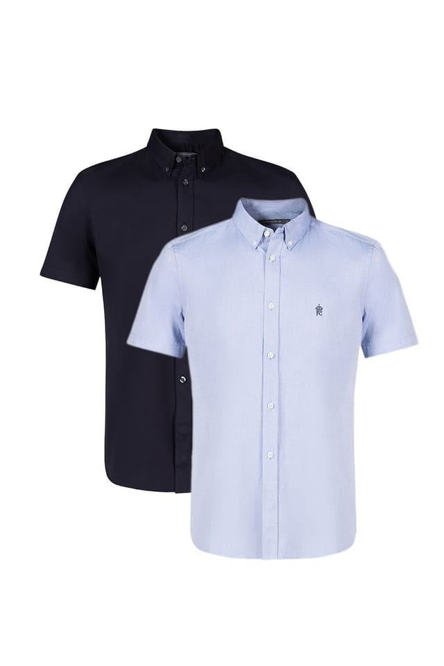 French Connection French Connection Men's 2 Pack Cotton Short Sleeve Oxford Shirts in Blue - 3