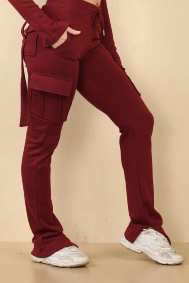 STYLEWISE STYLEWISE Women's Loopback Cropped Zip Up Hoodie - Cargo Trousers Co-ord Set in Wine - 3