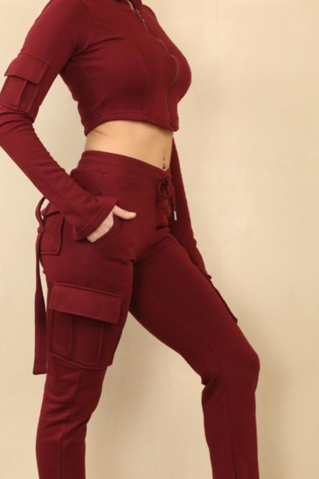 STYLEWISE STYLEWISE Women's Loopback Cropped Zip Up Hoodie - Cargo Trousers Co-ord Set in Wine - 4