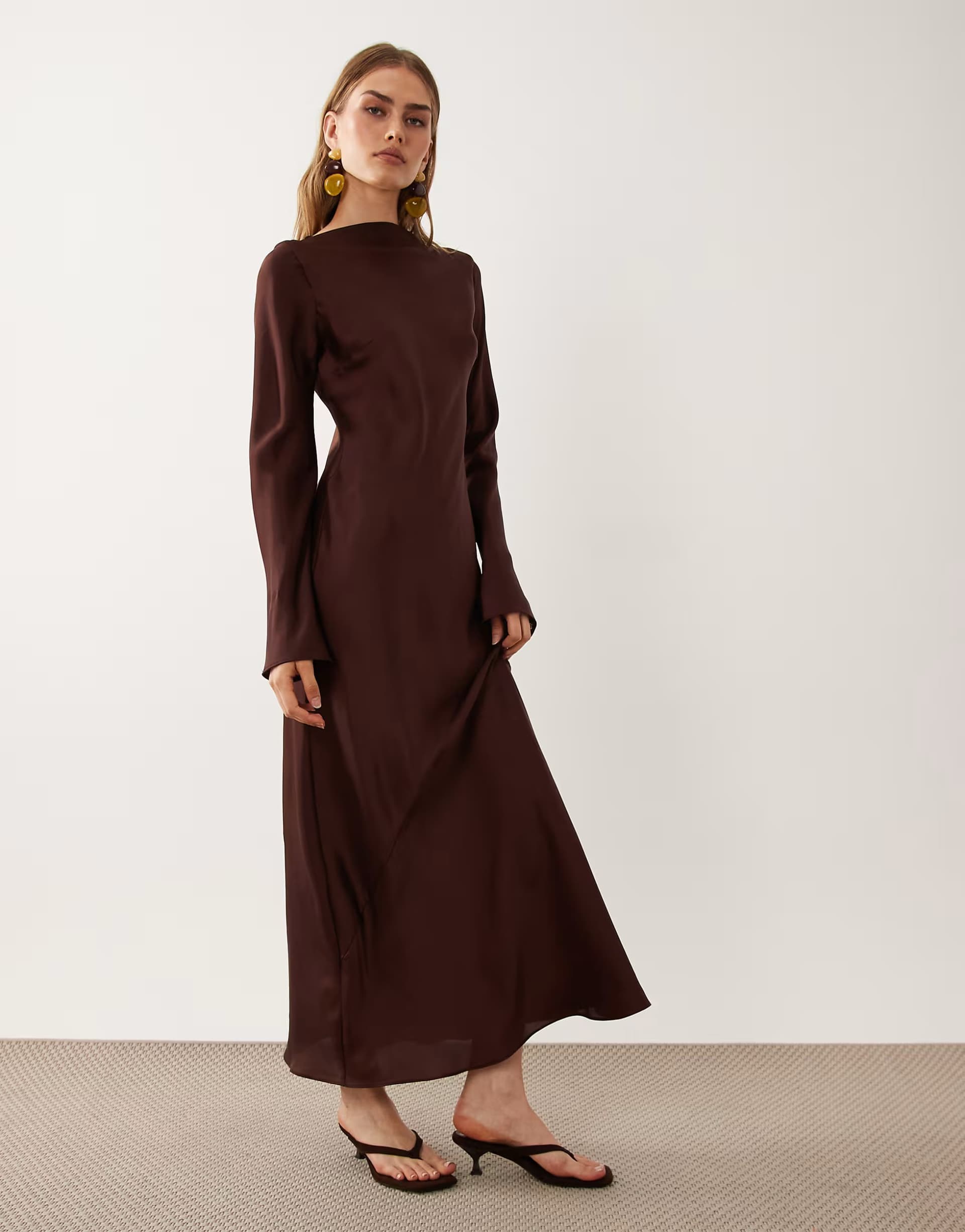 ASOS ASOS DESIGN satin long sleeve maxi dress in chocolate