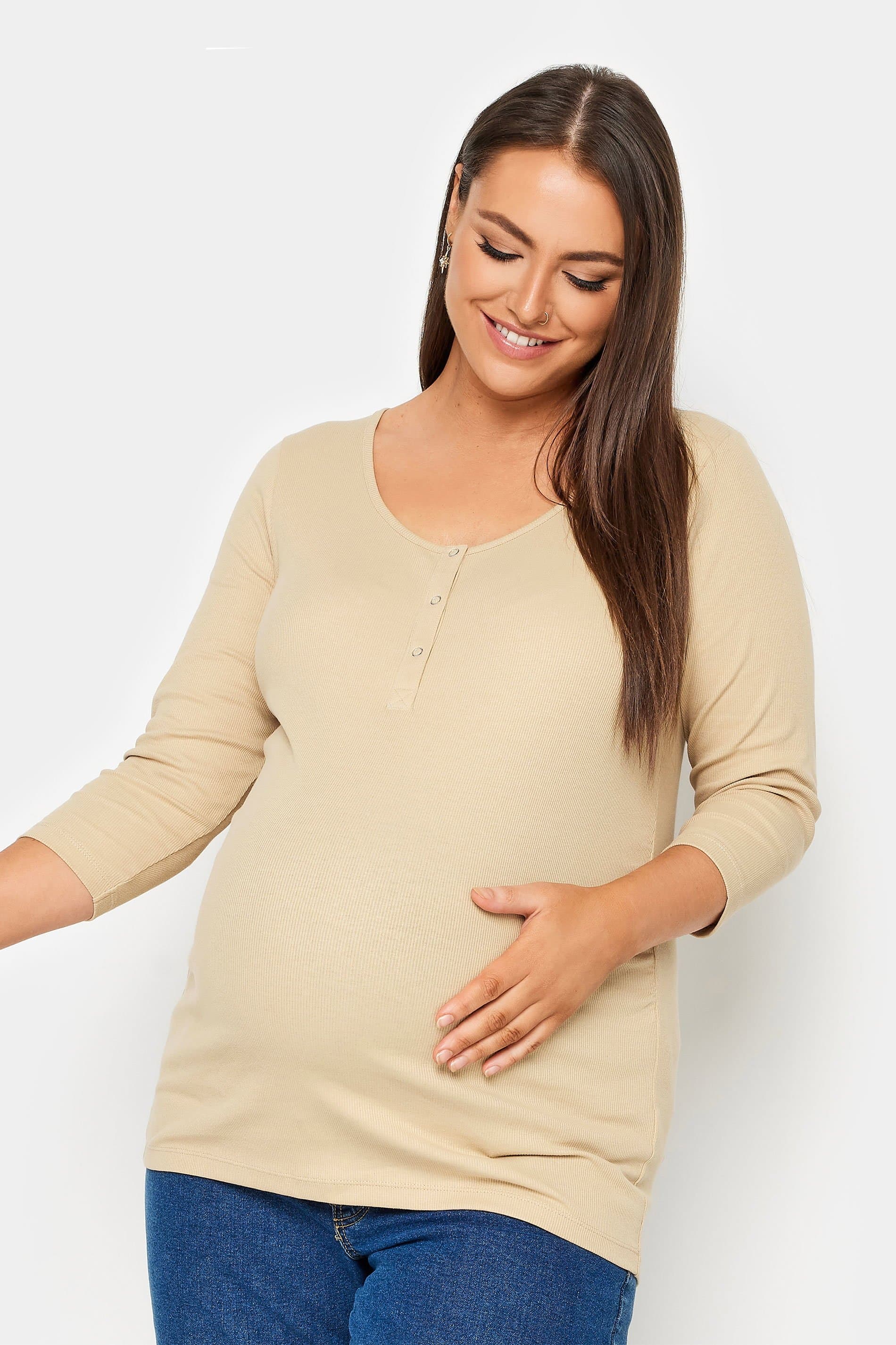 Bump It Up Maternity Plus Size Beige Brown Ribbed Popper Fastening Top