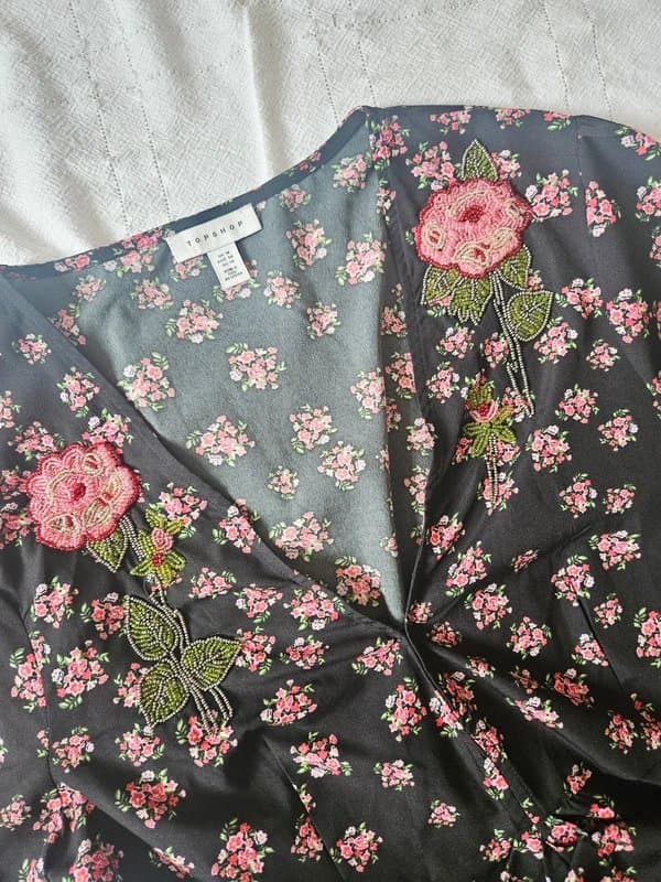 Topshop Topshop Black Ditsy Floral Embroidered Occasion Maxi Dress Size 18