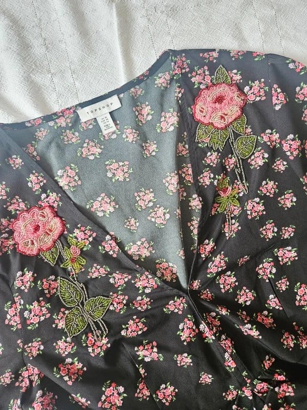Topshop Black Floral Embroidered Midi Dress Size 18