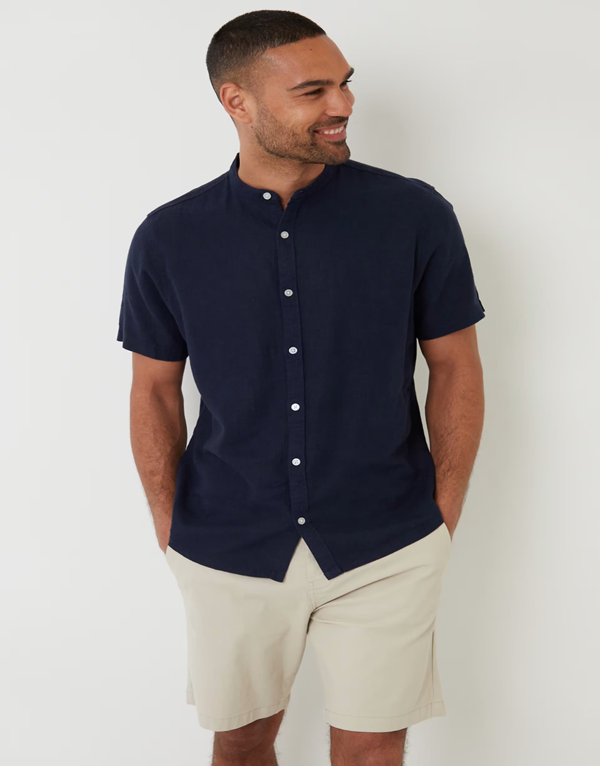 ASOS Threadbare Grandad collar linen blend short sleeve shirt in navy