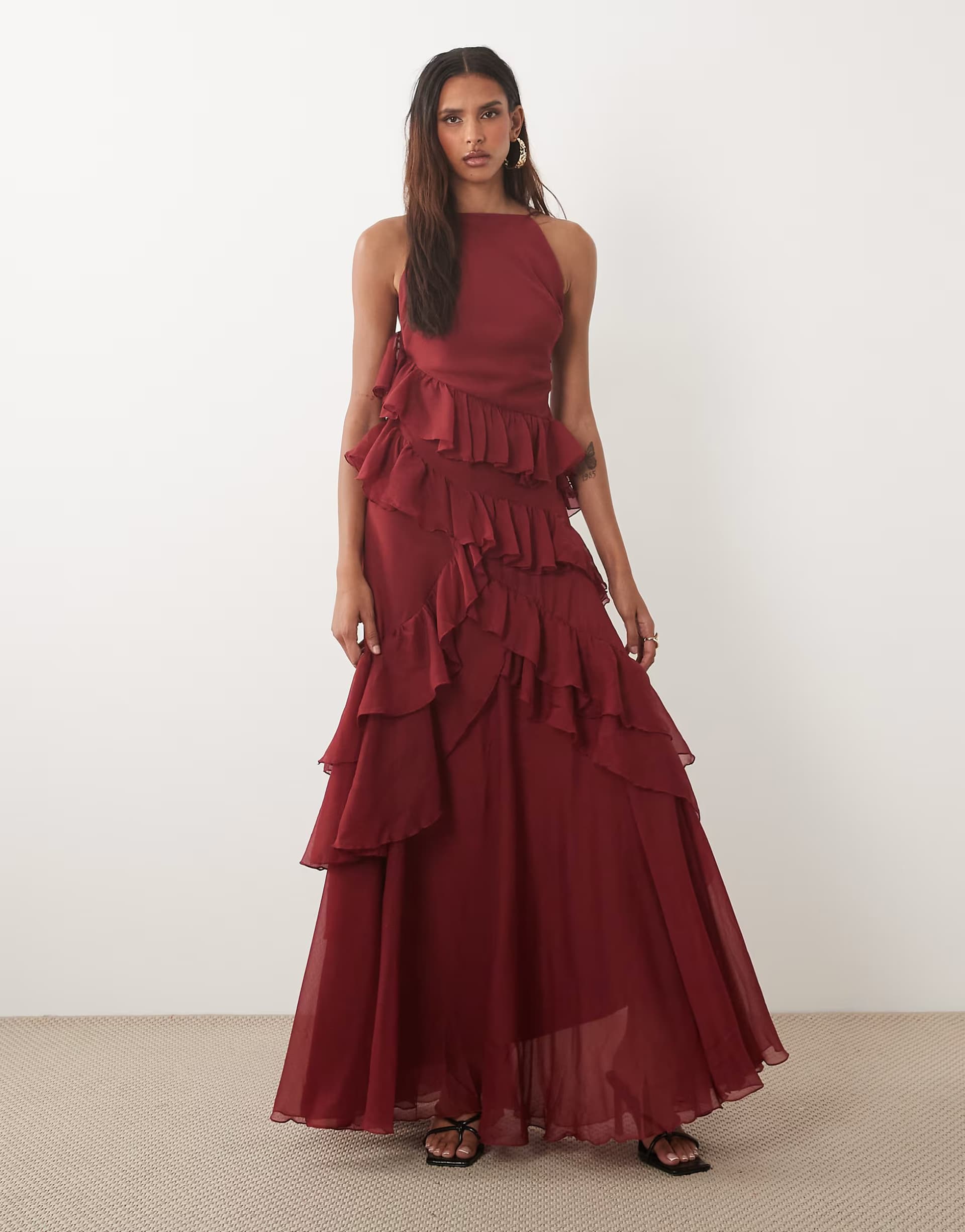 ASOS ASOS DESIGN Tall high neck low back ruffle maxi dress in burgundy