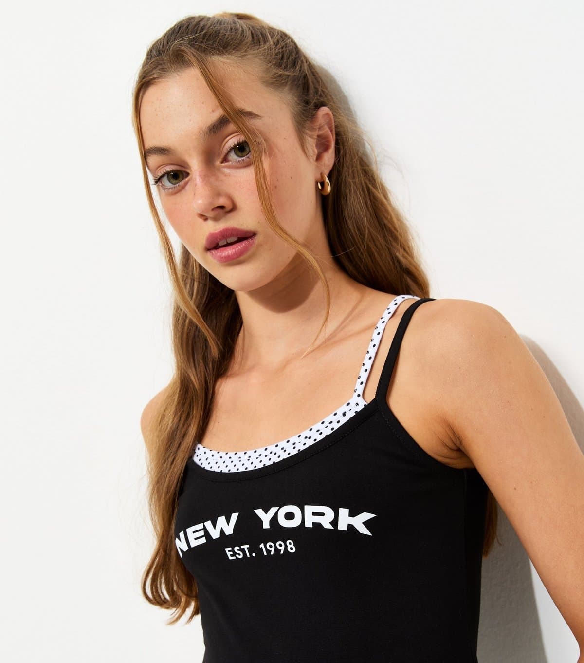 New Look Girls' Black Cotton Rich New York Spotty Trim 2 In 1 Cami Vest Top New Look