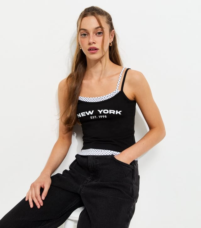 New Look Girls' Black Cotton Rich New York Spotty Trim 2 In 1 Cami Vest Top New Look - 2