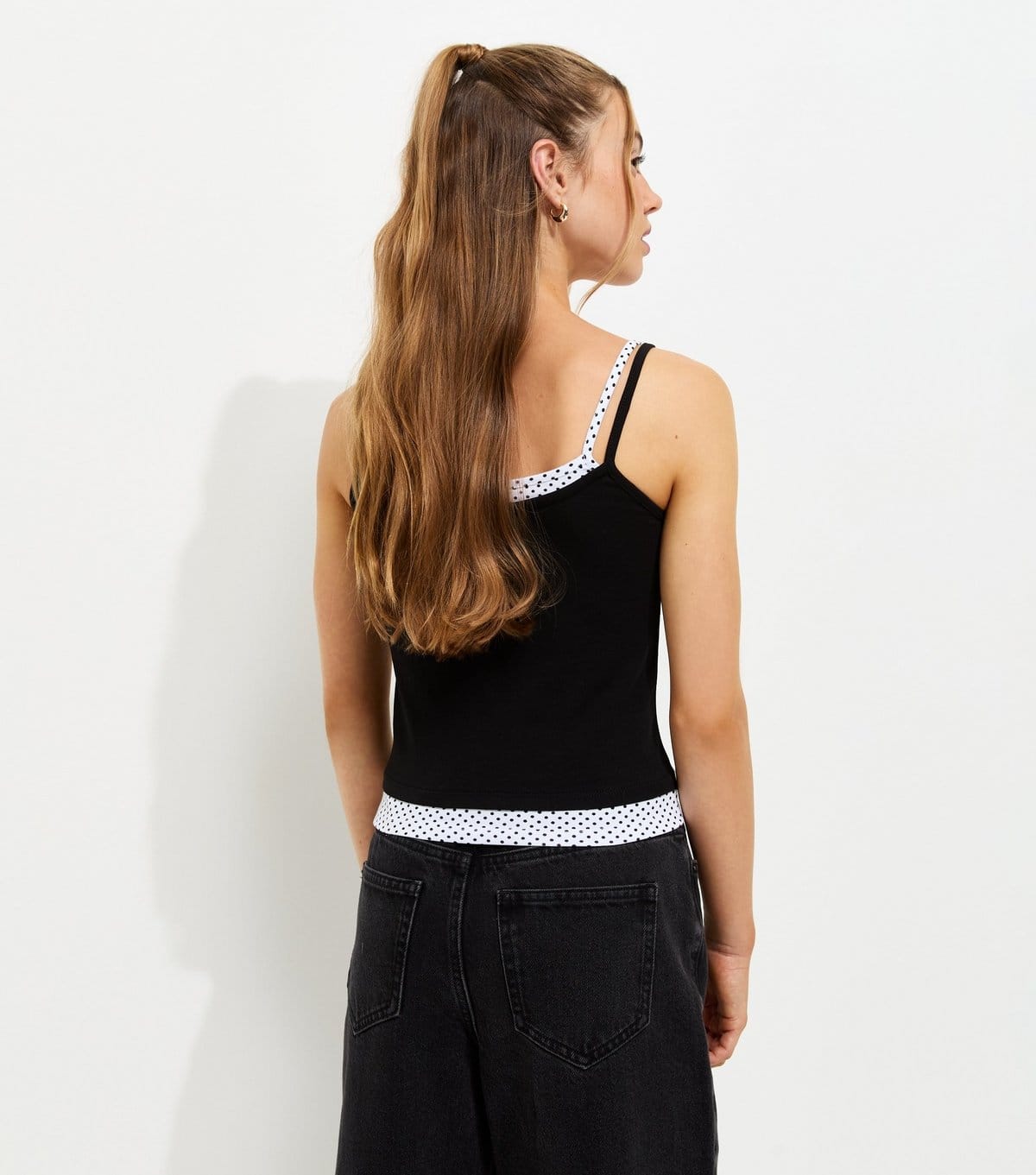 New Look Girls' Black Cotton Rich New York Spotty Trim 2 In 1 Cami Vest Top New Look - 4