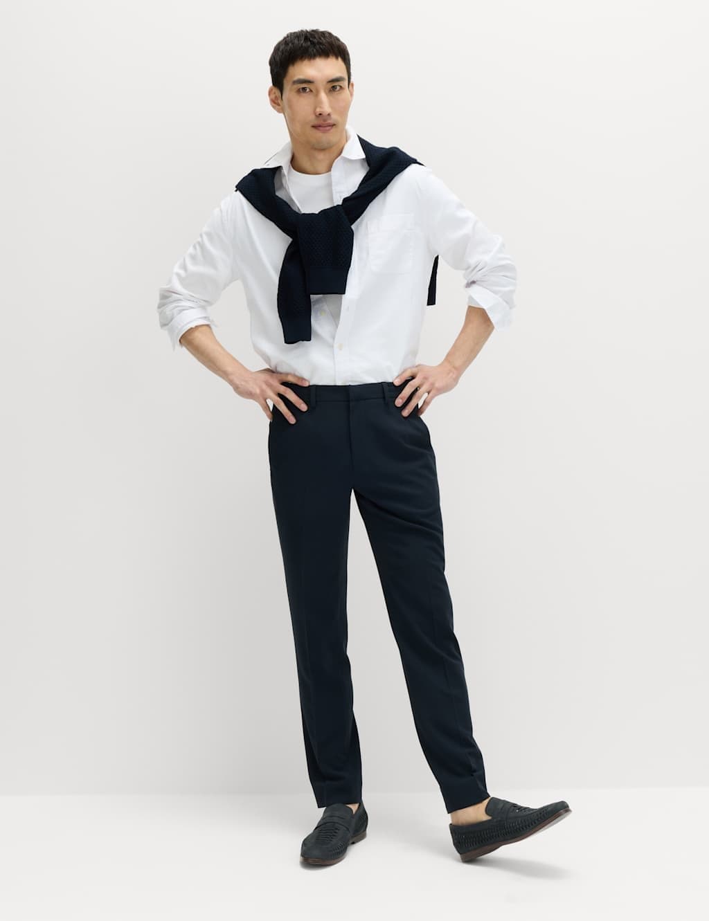 Marks & Spencer M&S Tailored Fit Flat Front Stretch Trousers Navy