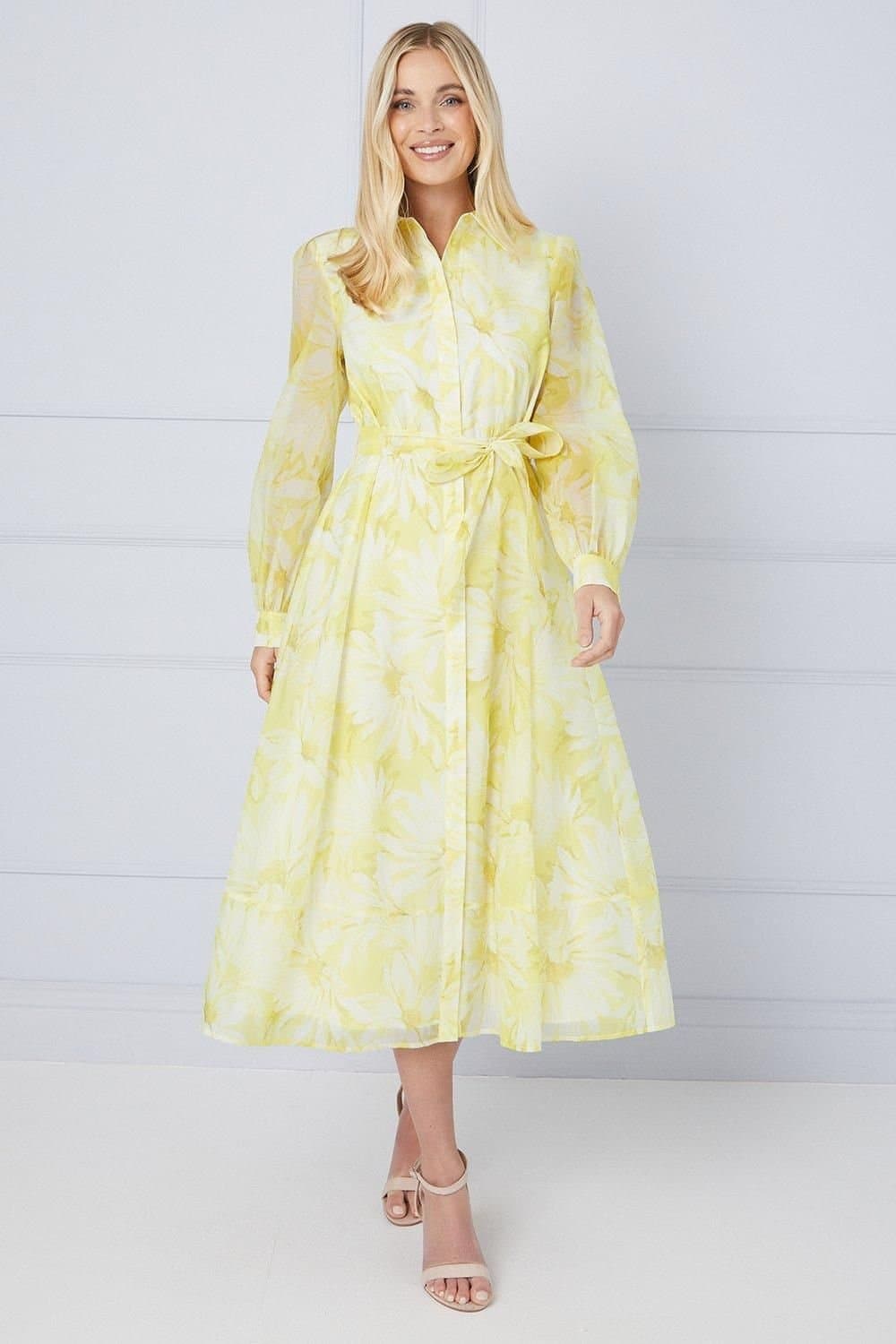 Wallis Wallis Women's Petite Floral Organza Shirt Midi Dress in Yellow