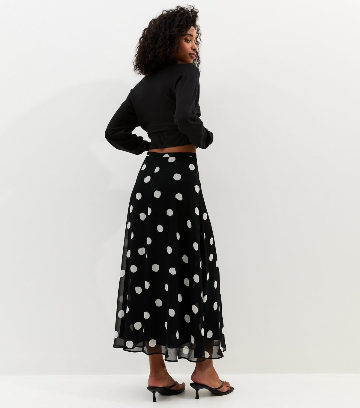 New Look Women's Black Chiffon Polka Dot Bias Cut Midi Skirt New Look - 4