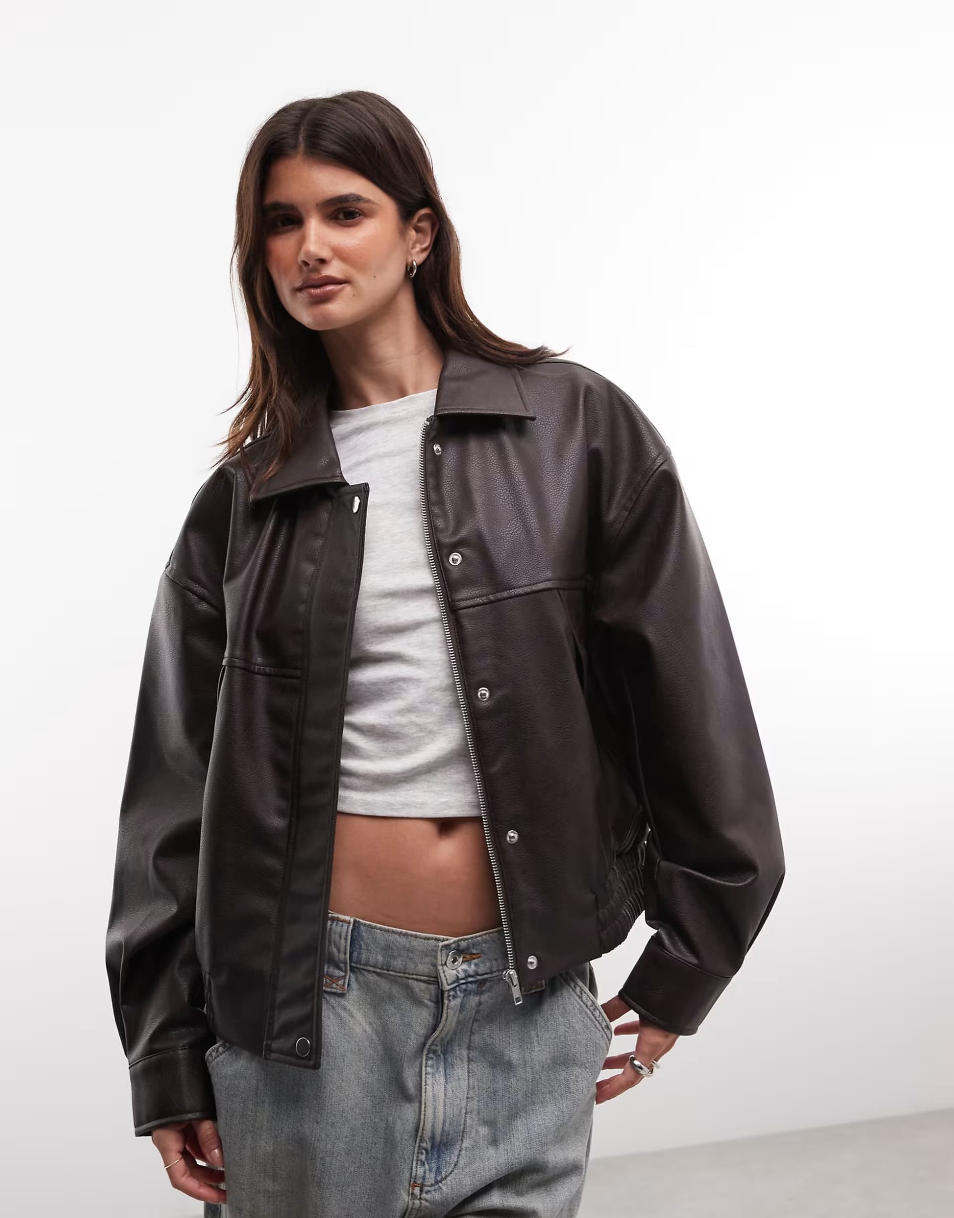 ASOS Noisy May faux leather bomber jacket in chocolate brown