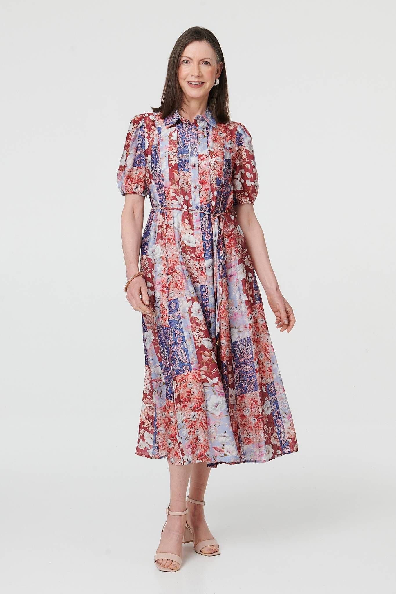 Izabel London Izabel London Women's Patchwork 1/2 Puff Sleeve Midi Dress in Red