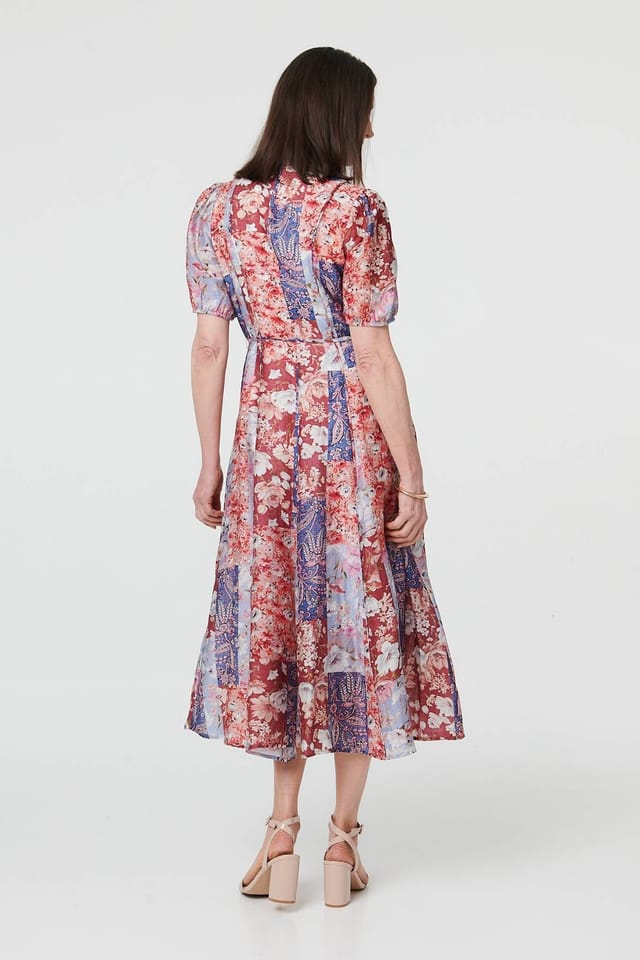 Izabel London Izabel London Women's Patchwork 1/2 Puff Sleeve Midi Dress in Red - 3