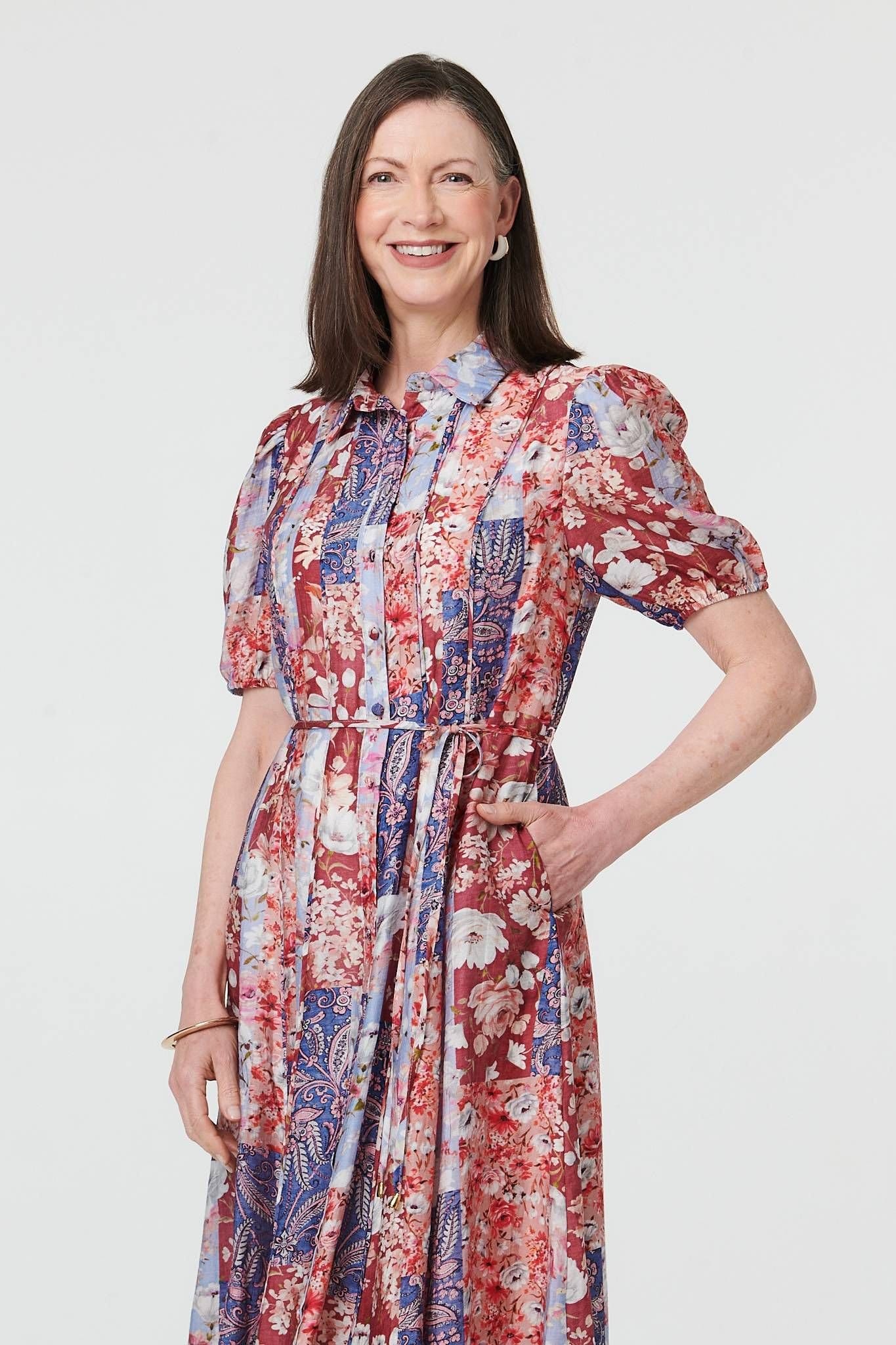 Izabel London Izabel London Women's Patchwork 1/2 Puff Sleeve Midi Dress in Red - 4