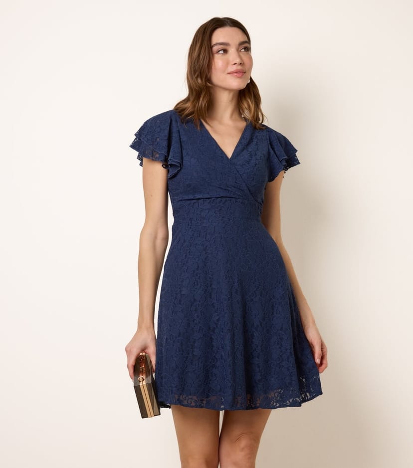 Blue Vanilla Women's Navy Lace Flutter Sleeve Mini Dress Blue Vanilla New Look - 1