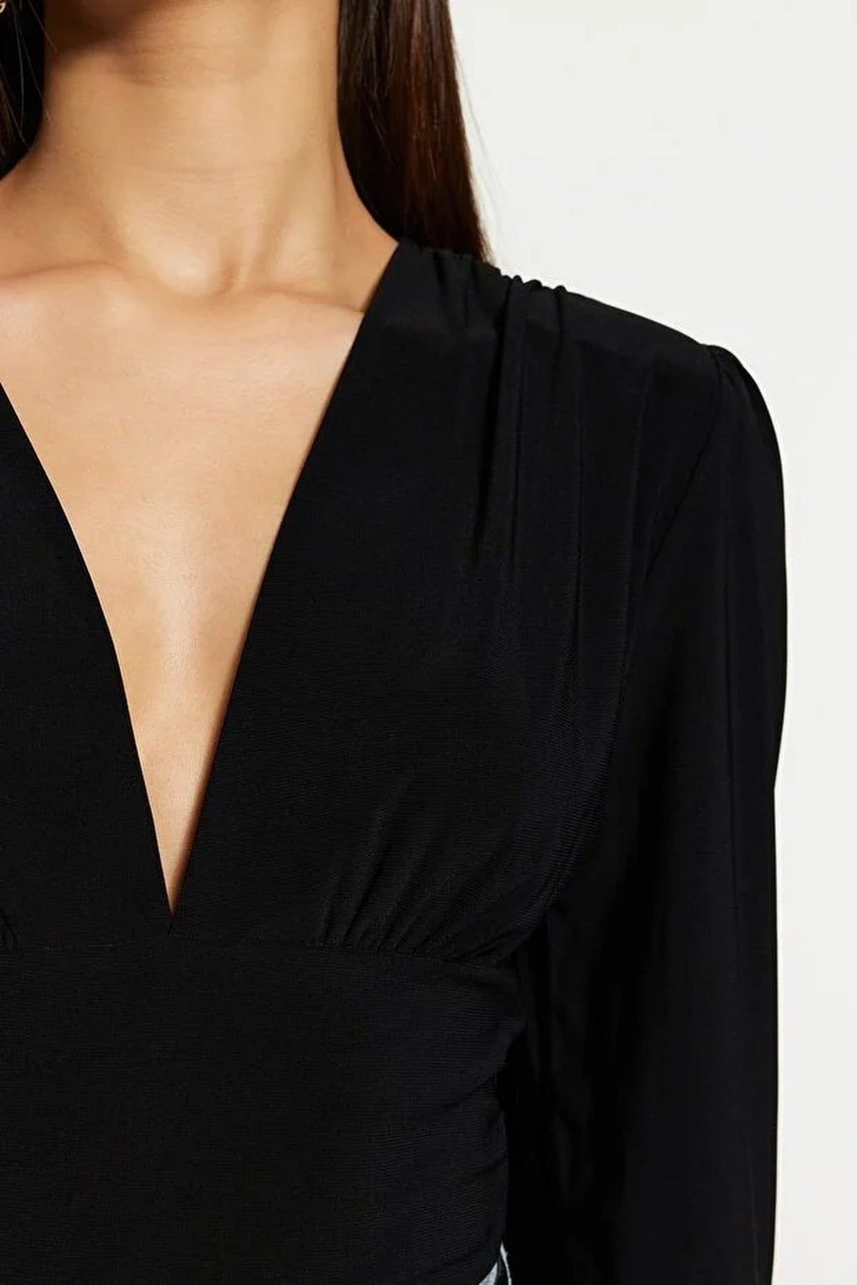 WOVCOR WOVCOR Women's V Neck Balloon Sleeve Fitted Stretch Knit Bodysuit in Black - 2