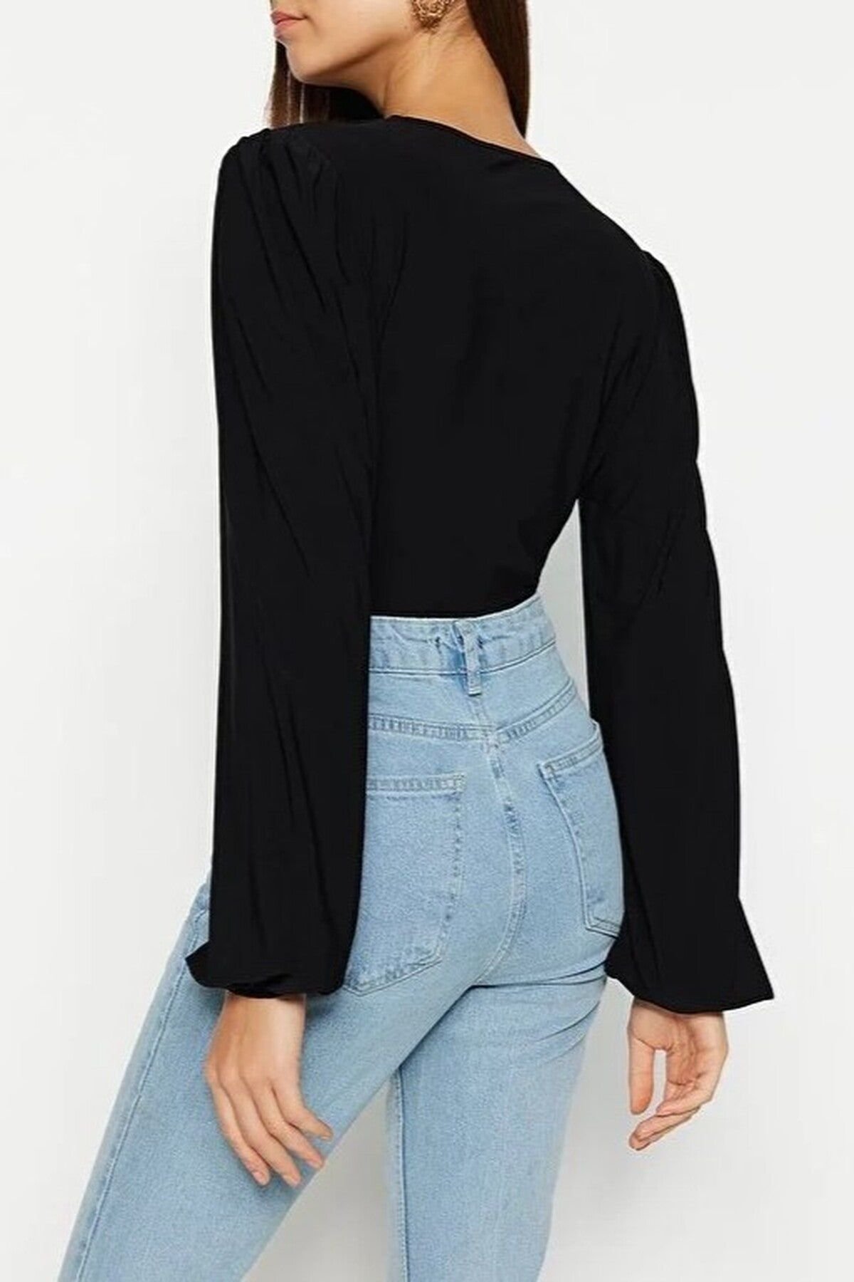 WOVCOR WOVCOR Women's V Neck Balloon Sleeve Fitted Stretch Knit Bodysuit in Black - 3